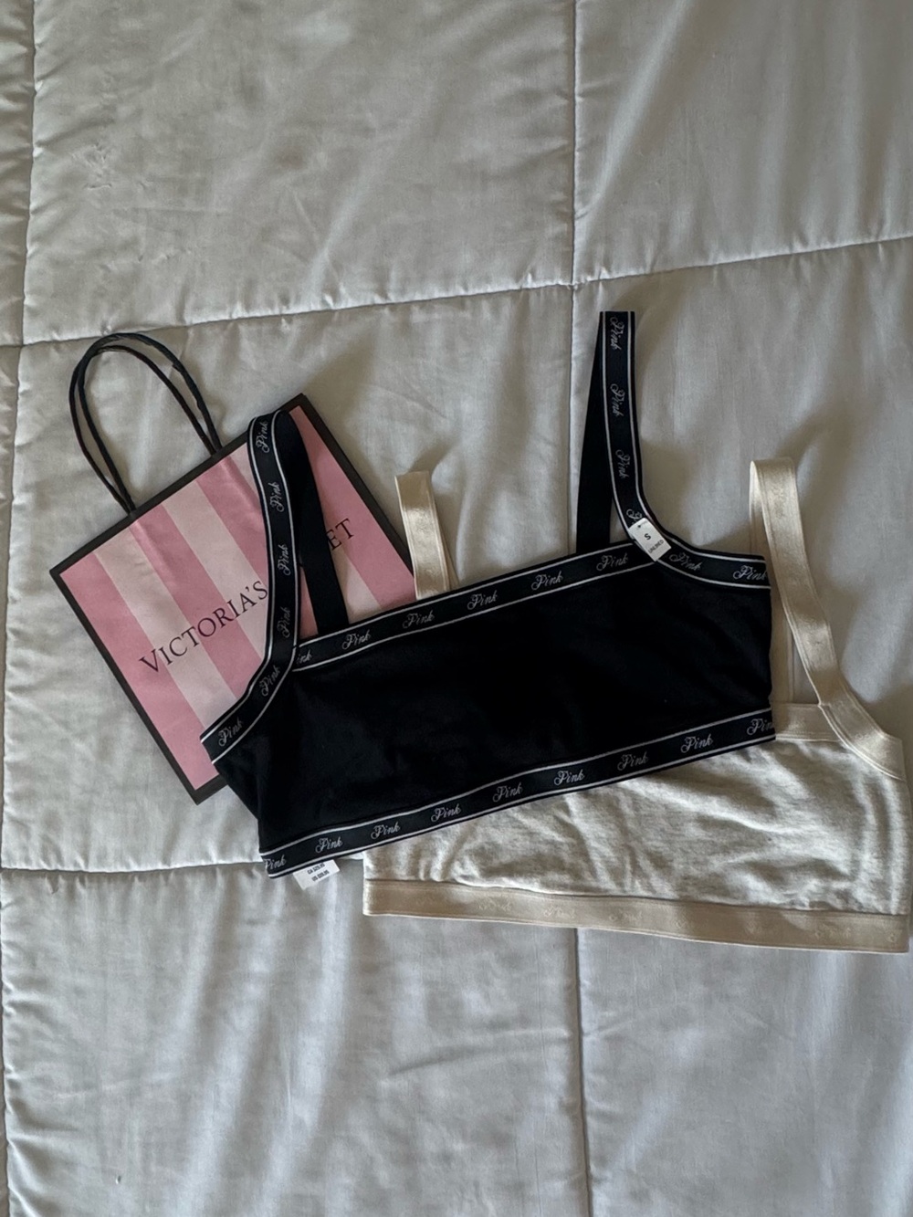 Victoria's Secret Black Logo-Trim and Cream Double Bralette Set